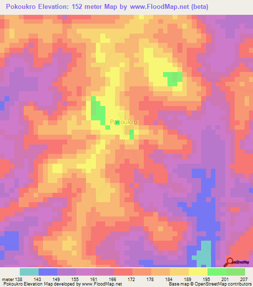 Pokoukro,Ivory Coast Elevation Map