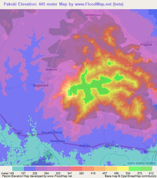 Pakoki,Ivory Coast Elevation Map