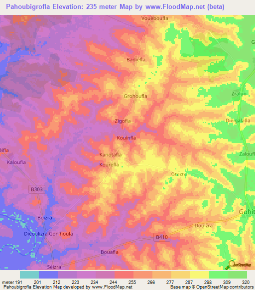 Pahoubigrofla,Ivory Coast Elevation Map