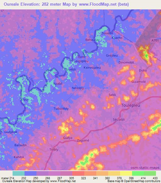 Oureale,Ivory Coast Elevation Map