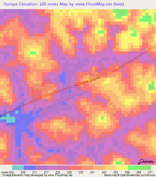 Ourepa,Ivory Coast Elevation Map