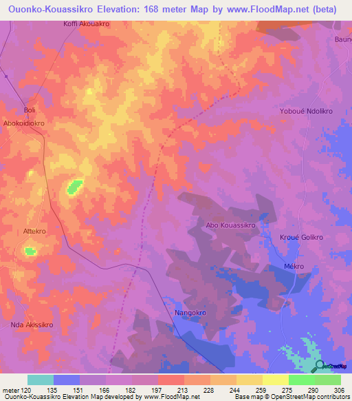 Ouonko-Kouassikro,Ivory Coast Elevation Map
