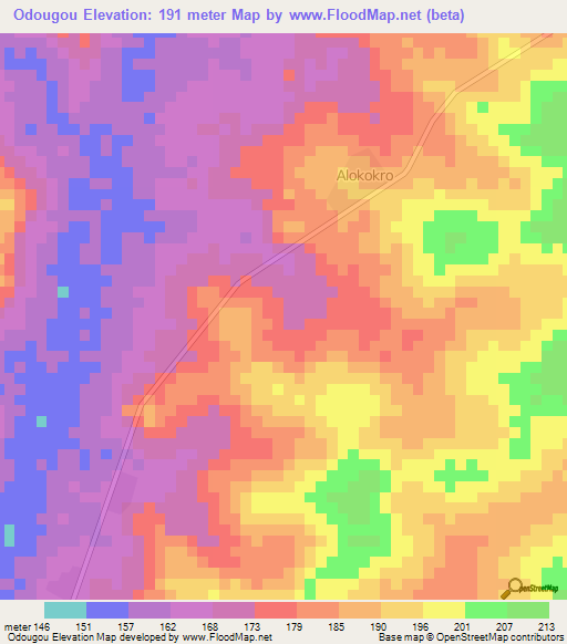 Odougou,Ivory Coast Elevation Map