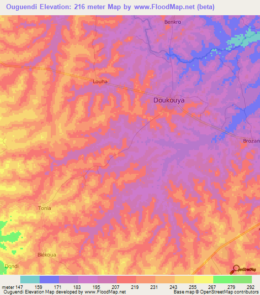 Ouguendi,Ivory Coast Elevation Map