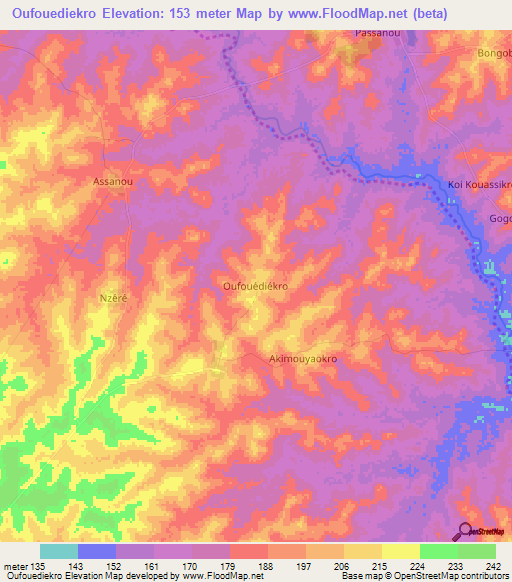 Oufouediekro,Ivory Coast Elevation Map