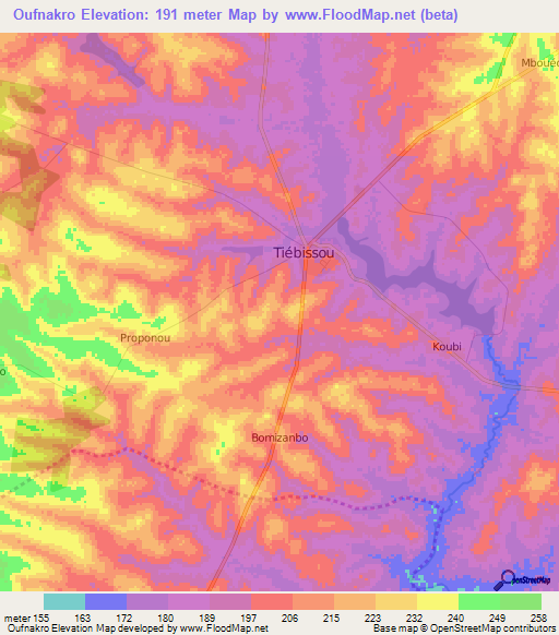 Oufnakro,Ivory Coast Elevation Map