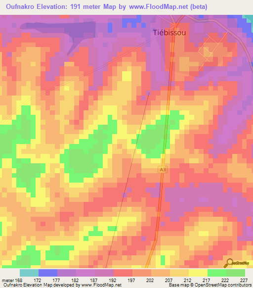 Oufnakro,Ivory Coast Elevation Map