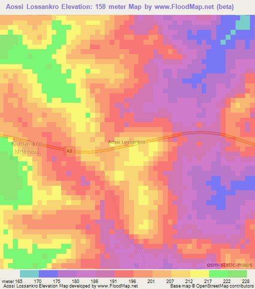 Aossi Lossankro,Ivory Coast Elevation Map