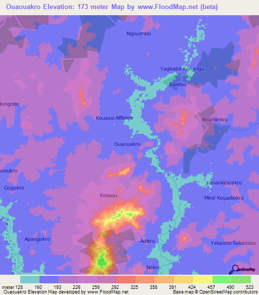 Ouaouakro,Ivory Coast Elevation Map