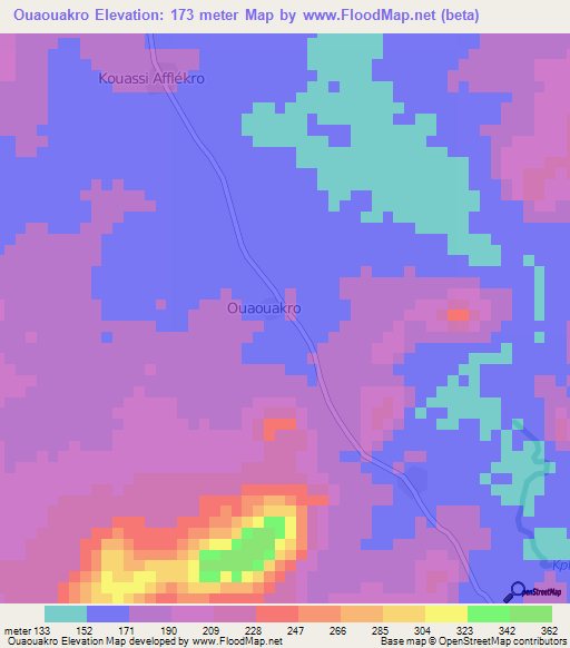 Ouaouakro,Ivory Coast Elevation Map