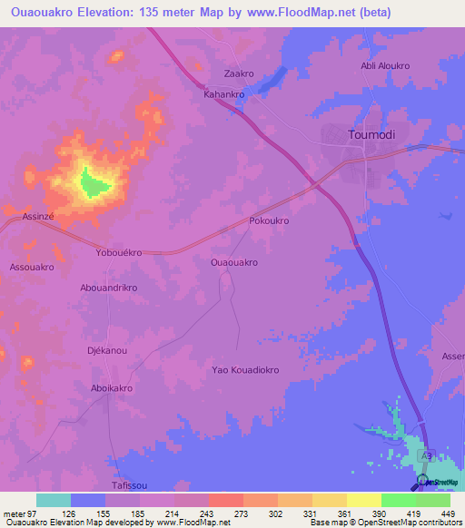 Ouaouakro,Ivory Coast Elevation Map
