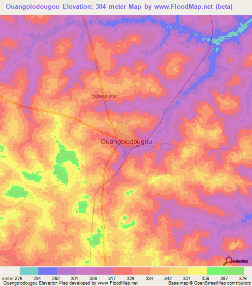Ouangolodougou,Ivory Coast Elevation Map