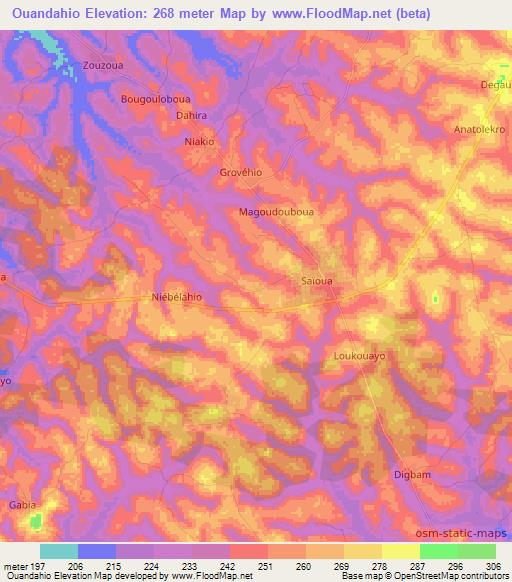 Ouandahio,Ivory Coast Elevation Map
