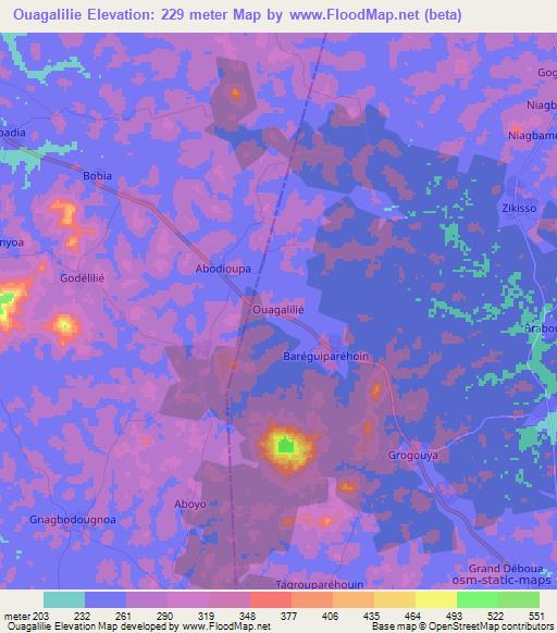 Ouagalilie,Ivory Coast Elevation Map