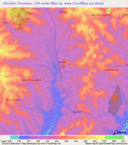 Okoukro,Ivory Coast Elevation Map