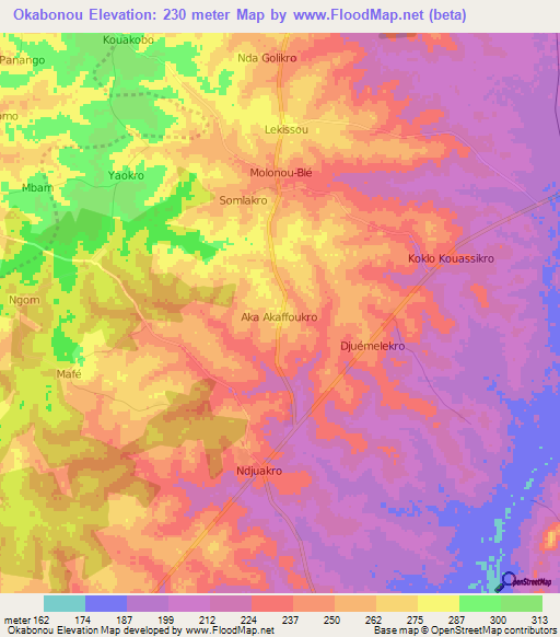 Okabonou,Ivory Coast Elevation Map