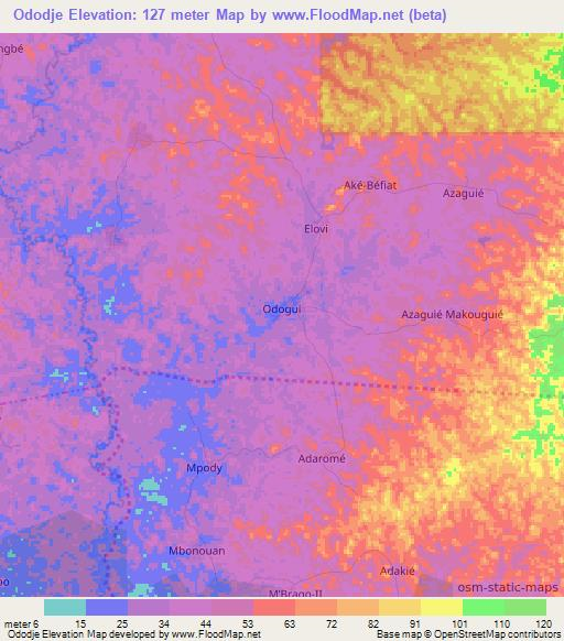 Ododje,Ivory Coast Elevation Map