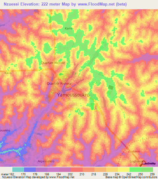 Nzuessi,Ivory Coast Elevation Map