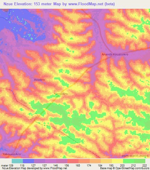 Nzue,Ivory Coast Elevation Map