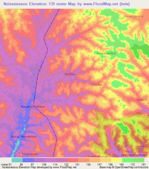 Nziessiessou,Ivory Coast Elevation Map