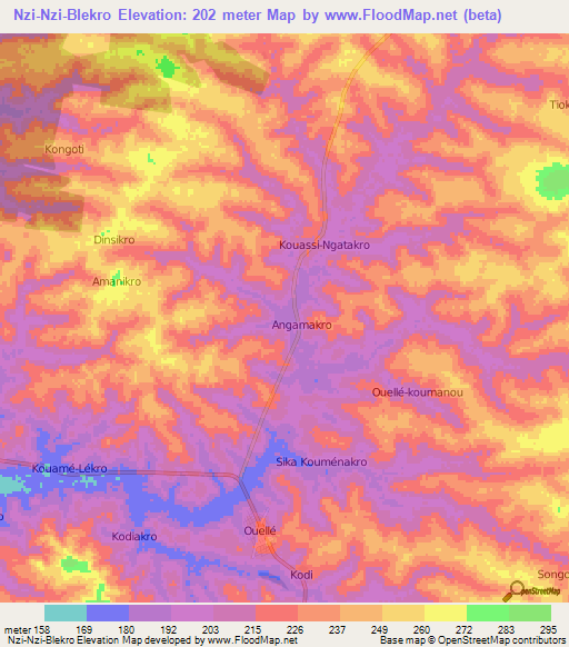 Nzi-Nzi-Blekro,Ivory Coast Elevation Map