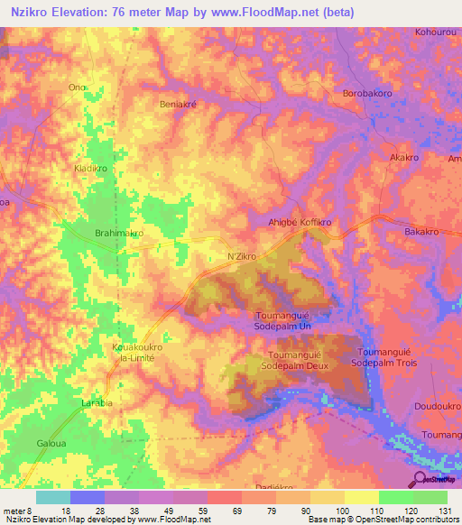 Nzikro,Ivory Coast Elevation Map