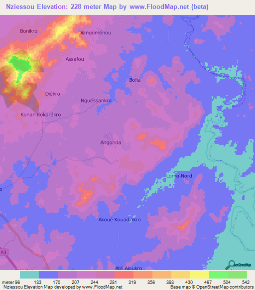 Nziessou,Ivory Coast Elevation Map