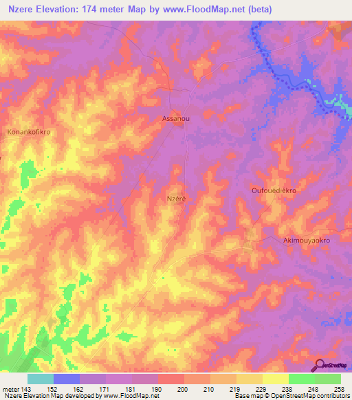 Nzere,Ivory Coast Elevation Map