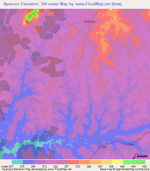 Nyanozo,Ivory Coast Elevation Map
