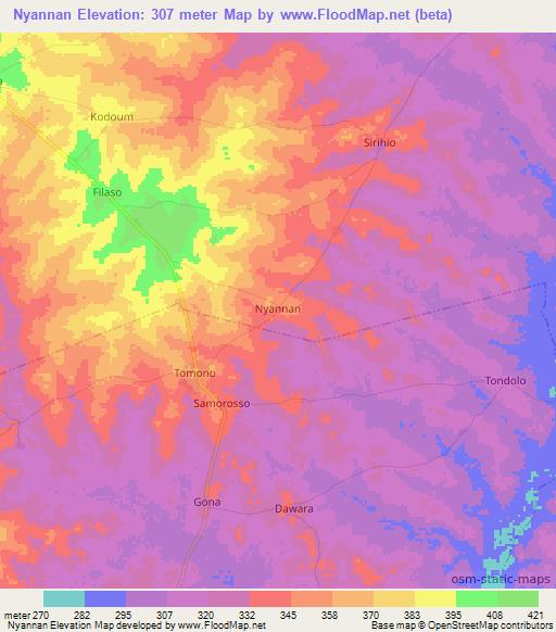 Nyannan,Ivory Coast Elevation Map