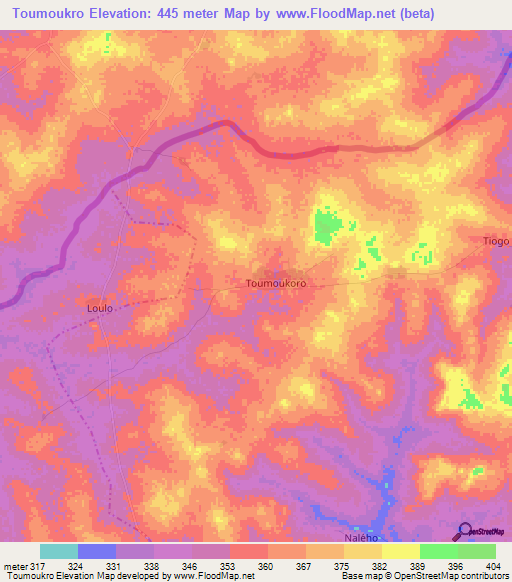 Toumoukro,Ivory Coast Elevation Map