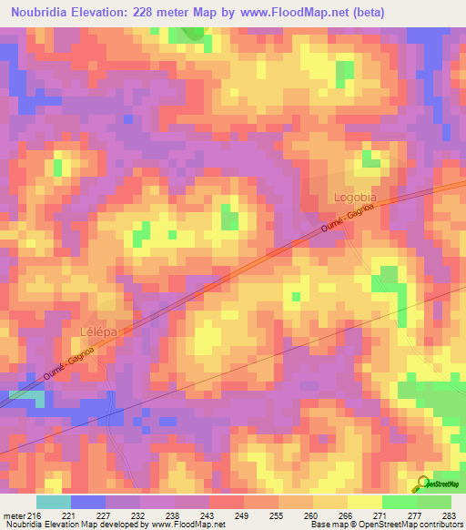 Noubridia,Ivory Coast Elevation Map