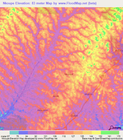 Nkoupe,Ivory Coast Elevation Map