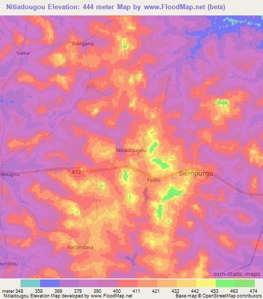 Nitiadougou,Ivory Coast Elevation Map