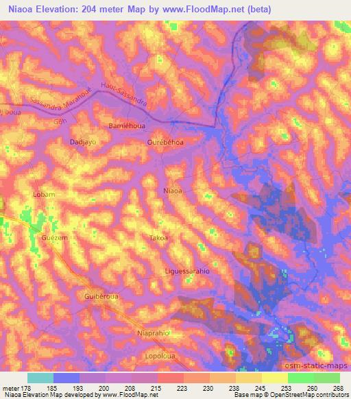 Niaoa,Ivory Coast Elevation Map