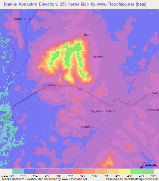 Nianke Konankro,Ivory Coast Elevation Map