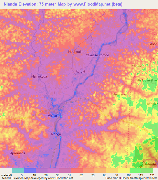 Nianda,Ivory Coast Elevation Map