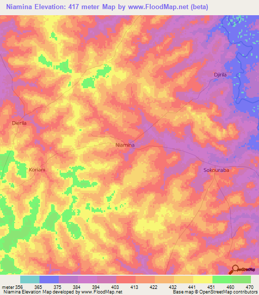 Niamina,Ivory Coast Elevation Map