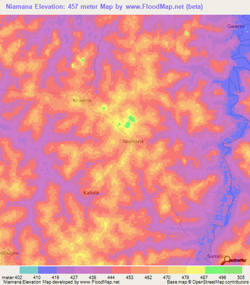 Niamana,Ivory Coast Elevation Map