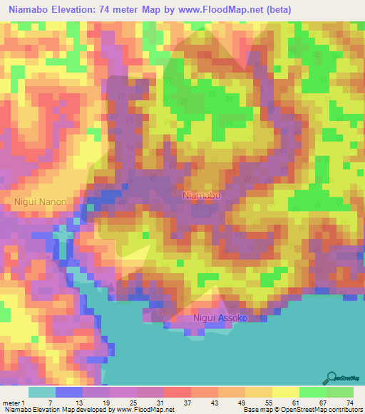 Niamabo,Ivory Coast Elevation Map