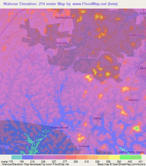 Niahoue,Ivory Coast Elevation Map