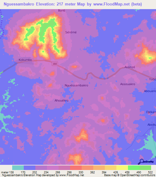 Nguessambakro,Ivory Coast Elevation Map