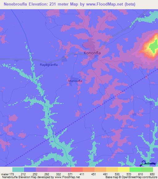 Nenebroufla,Ivory Coast Elevation Map