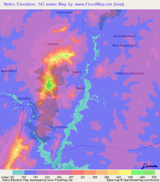 Nekro,Ivory Coast Elevation Map
