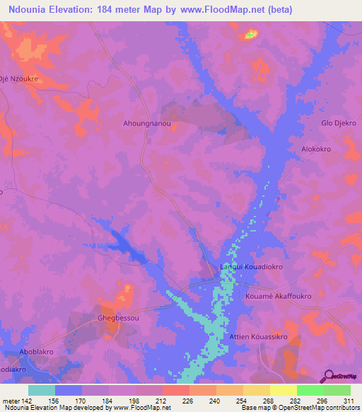 Ndounia,Ivory Coast Elevation Map