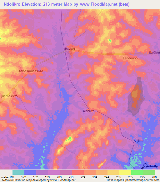 Ndolikro,Ivory Coast Elevation Map