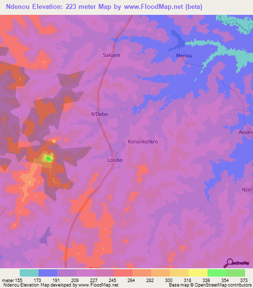 Ndenou,Ivory Coast Elevation Map