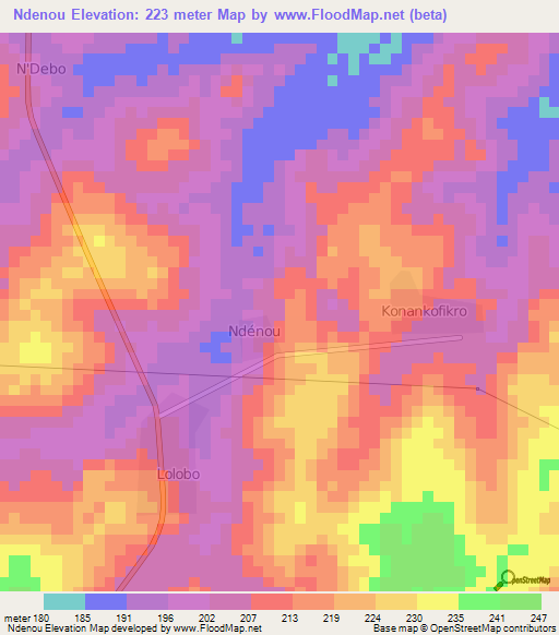 Ndenou,Ivory Coast Elevation Map