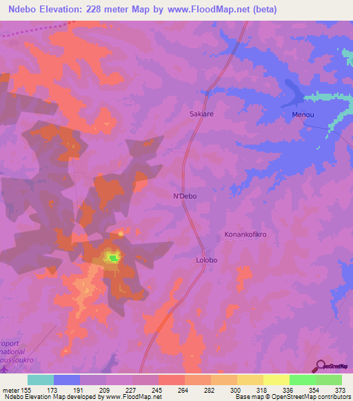 Ndebo,Ivory Coast Elevation Map