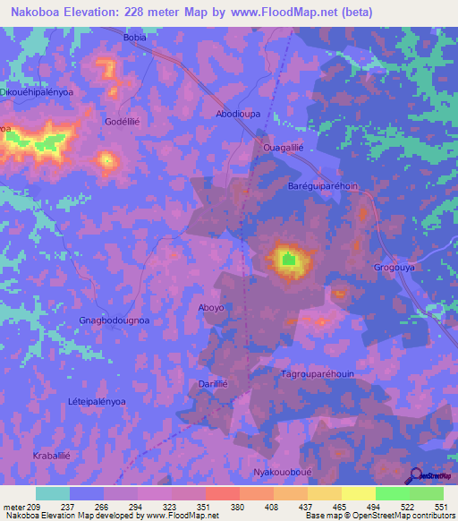 Nakoboa,Ivory Coast Elevation Map